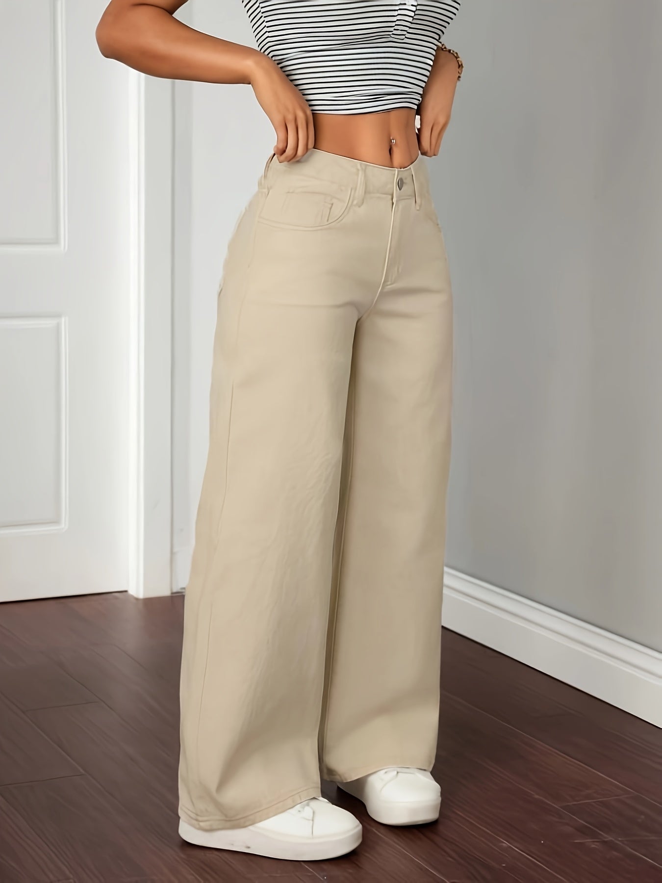 Pantaloni larghi da donna beige a vita alta