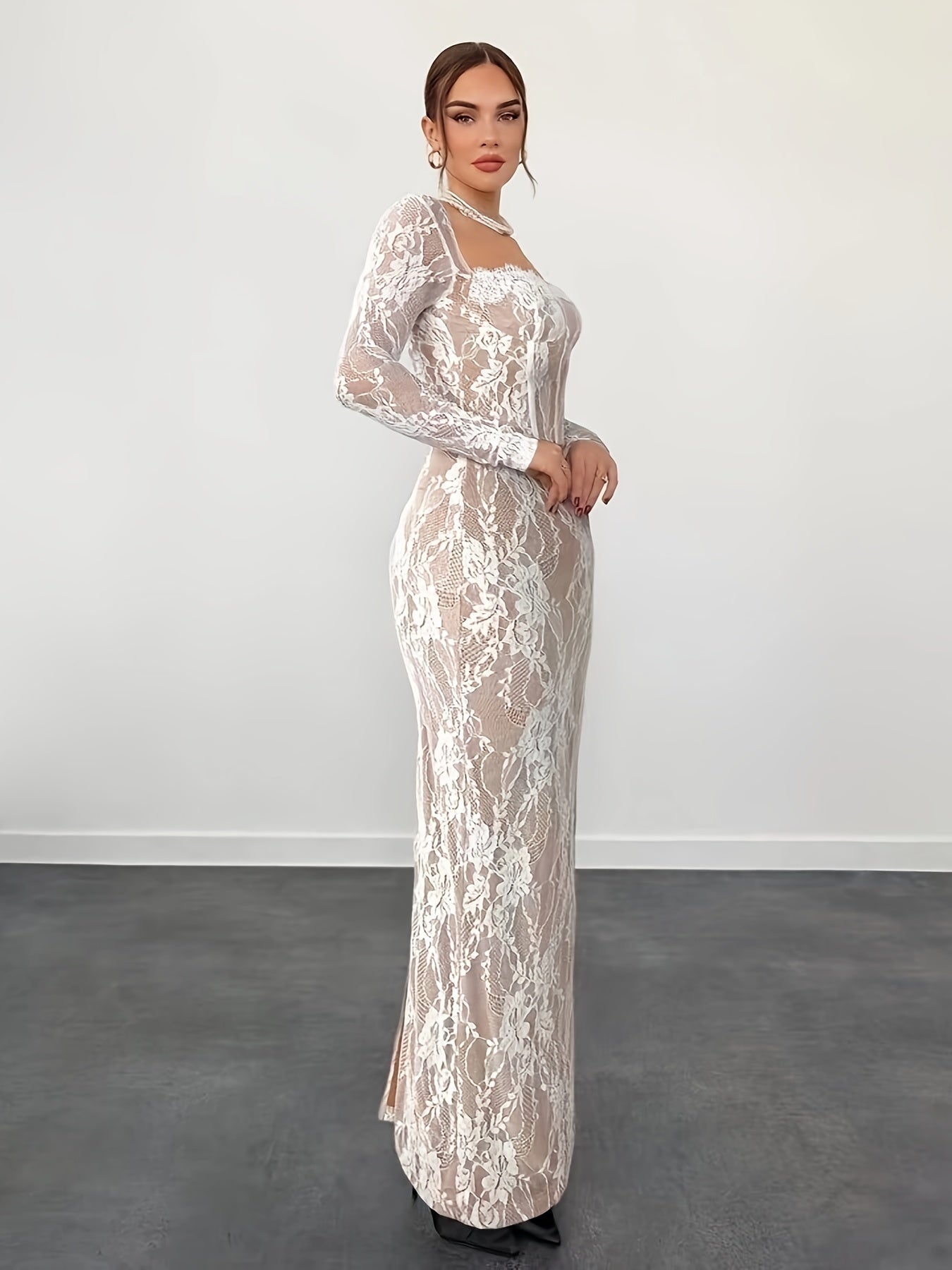 Robe de soirée élégante moulante pour femme avec dentelle et manches longues – Parfaite pour les occasions spéciales