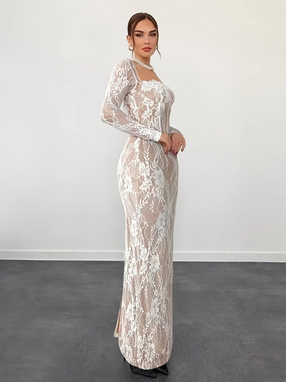Robe de soirée élégante moulante pour femme avec dentelle et manches longues – Parfaite pour les occasions spéciales