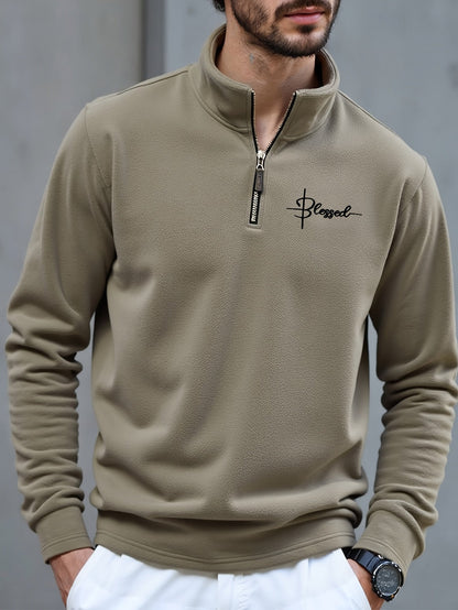 Herenfleece-pullover met opstaande kraag en rits, zwart en kaki