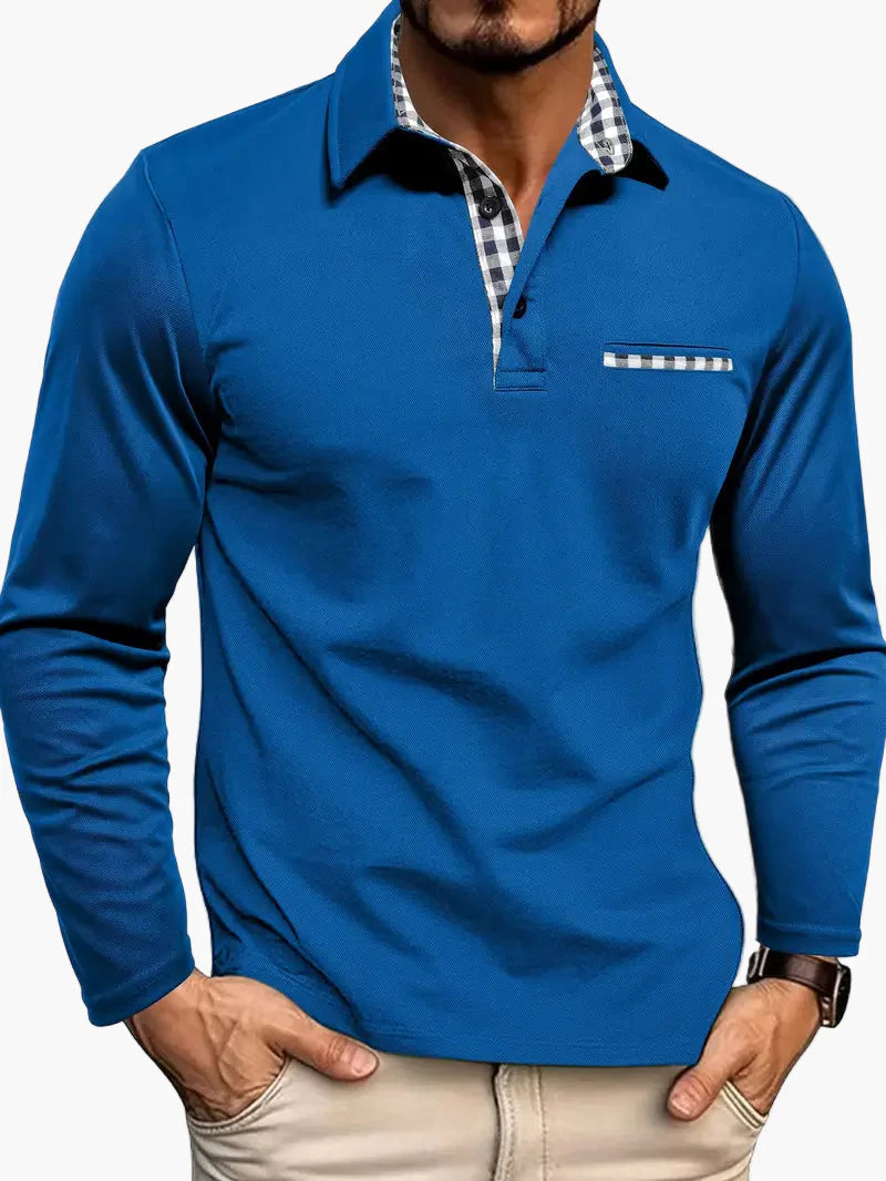 Polo da uomo a manica lunga slim fit con dettagli a quadri – Maglietta moderna per lavoro e tempo libero
