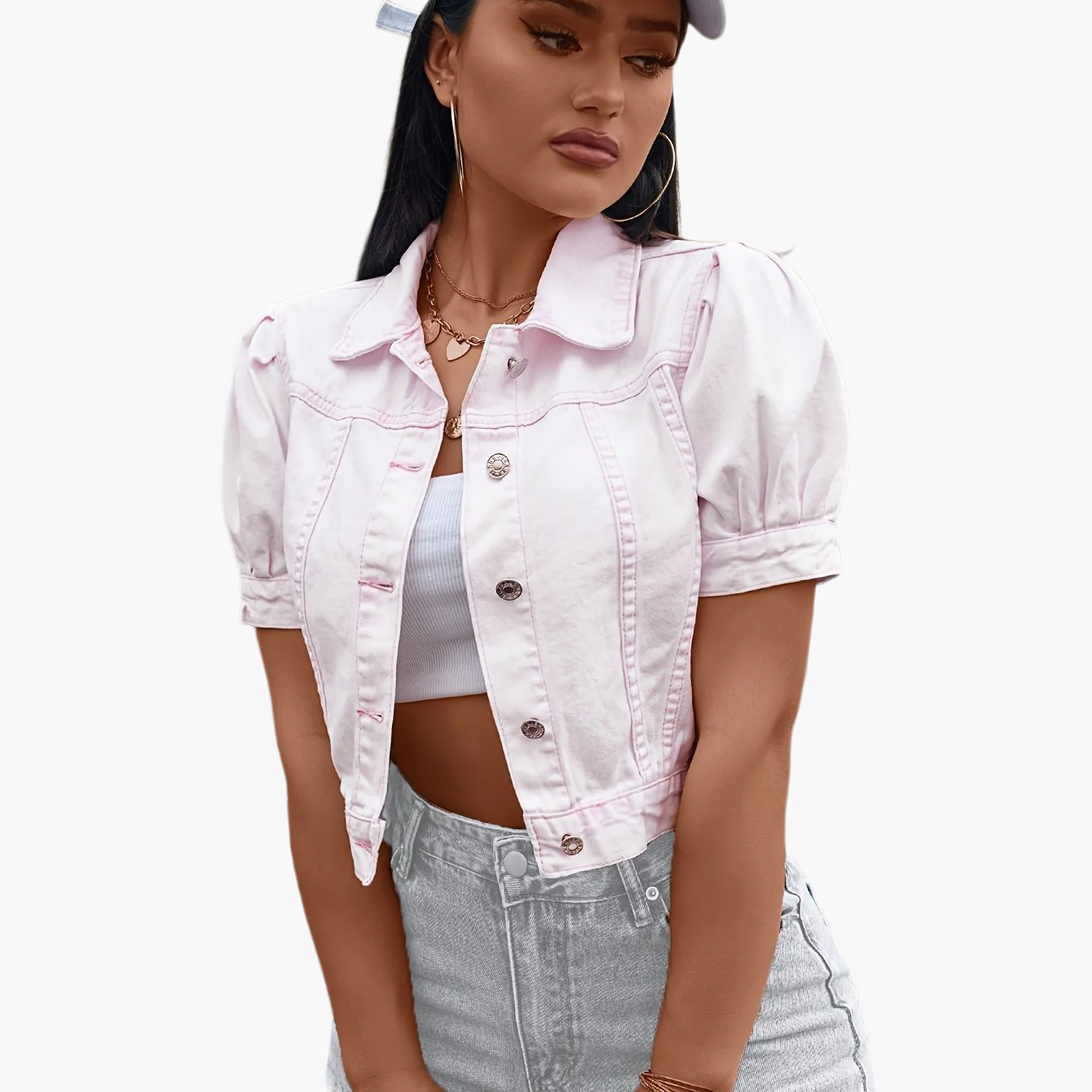 Giacca di jeans da donna a manica corta in stile cropped di tendenza – Look alla moda per tempo libero e vita quotidiana