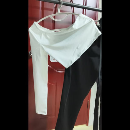 Blouse élégante femme à épaules dénudées & pantalon en tissu taille haute – Parfait pour le bureau et le quotidien