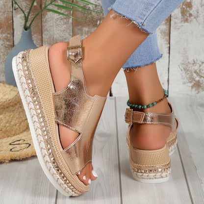 Anne – Sandalias brillantes para mujer con diseño de agujeros y punta de boca de pez