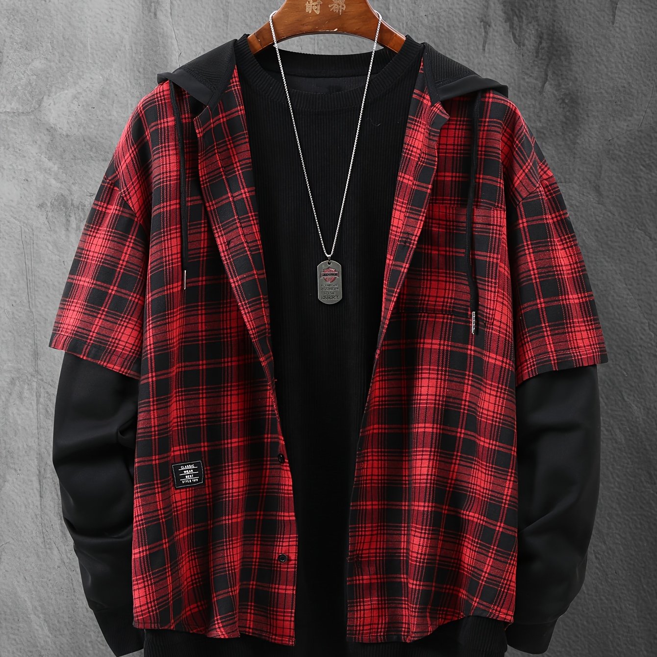 Giacca-camicia da uomo a quadri con cappuccio e maniche lunghe, rossa e nera