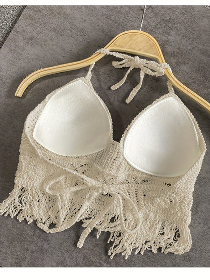 Dame Boho heklet haltertopp med frynser – moteriktig sommertopp for festivaler og strand