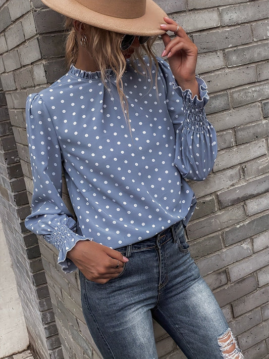 Blusa de mujer de manga larga, cuello mao con volantes, azul claro con estampado de lunares