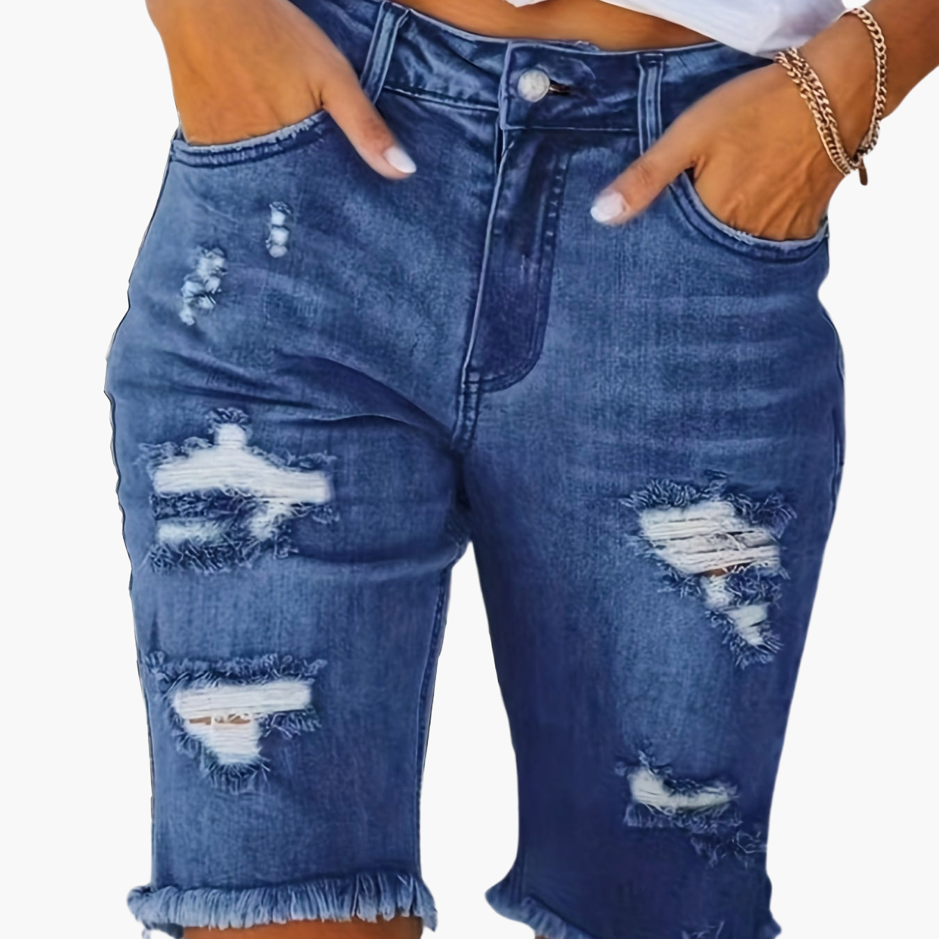Bermuda jeans da donna effetto usato con frange – Moda estiva alla moda, streetwear e tempo libero
