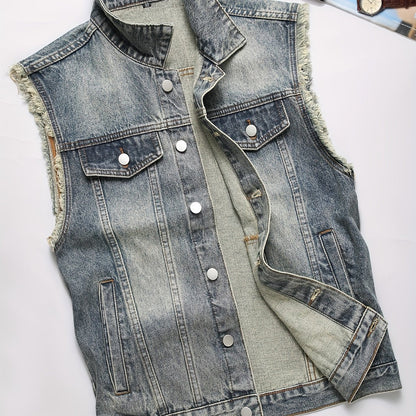 Gilet di jeans da uomo blu senza maniche effetto distressed