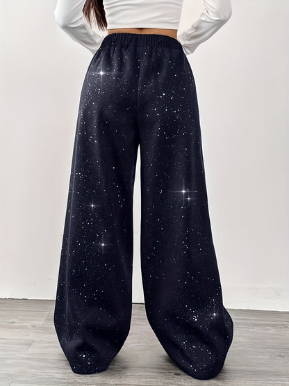 Damen Weite Freizeithose mit Galaxie-Print – Trendige Lounge Pants für Alltag und Freizeit