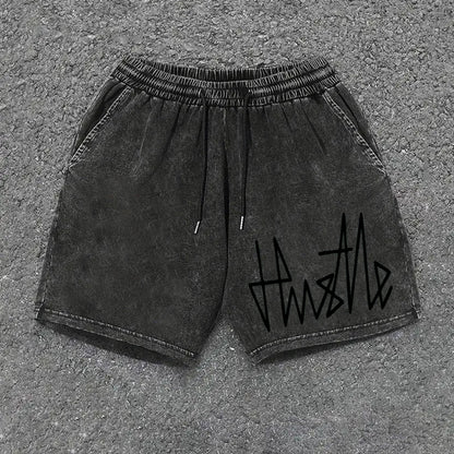 Męskie szorty streetwear z nadrukiem „Hustle” – luźne szorty dresowe na co dzień i na czas wolny