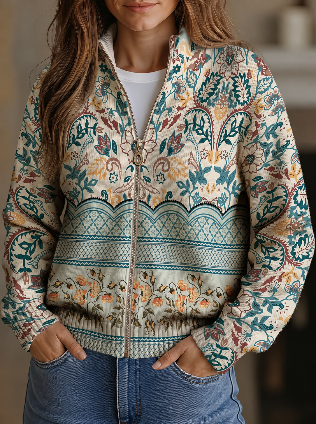 Sybilla | Vest voor dames met lange mouwen, bloemenprint en opstaande kraag
