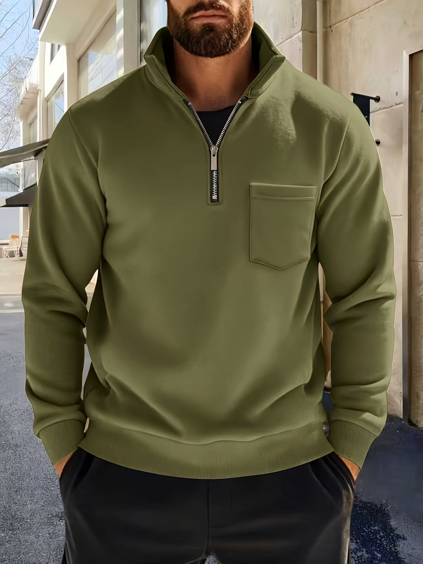 Heren-sweatshirt met halve ritssluiting, opstaande kraag en borstzak, donkergrijs