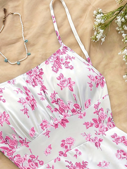 Dame sommerkjole elegant med blomsterprint og spaghetti-stropper – Perfekt for fritid og spesielle anledninger