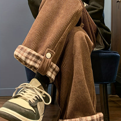 Kordhose Unisex Weites Bein Karo Krempelbund
