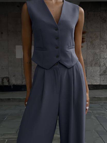 Dames Elegante Business-Tweedelige set met gilet en wijde broek – Moderne kantooroutfit voor lente & zomer