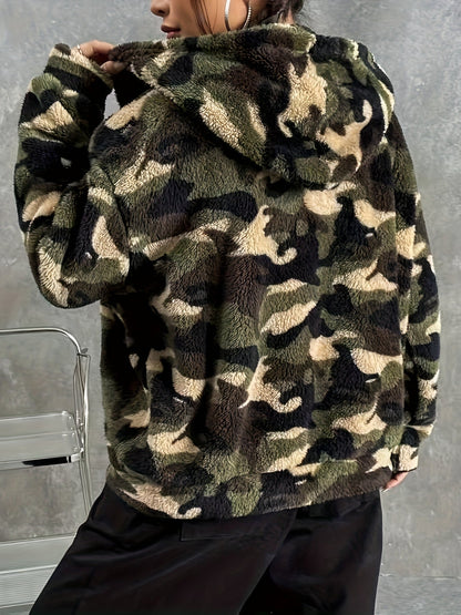 Teddy-Fleece Jacke mit Kapuze und Reißverschluss, Tarnmuster für Damen