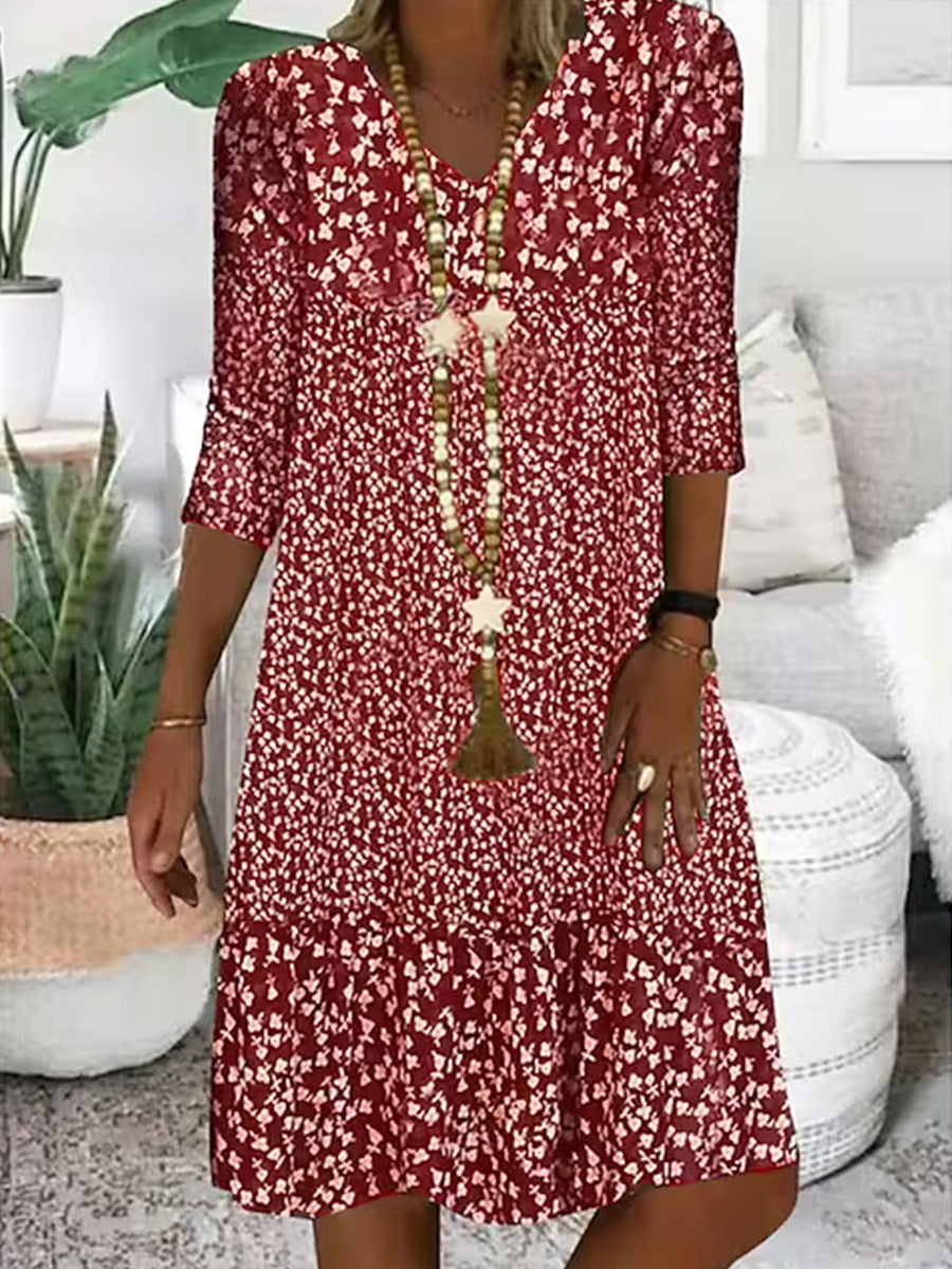 Abito estivo da donna stile principessa con motivo floreale, maniche 3/4, abito midi casual, comodo e alla moda
