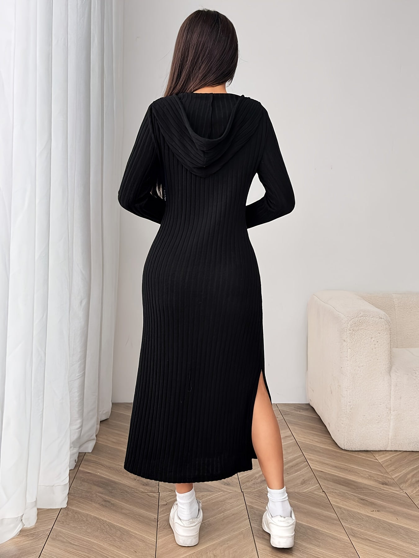 Damen Geripptes Kapuzenkleid Langarm Schwarz
