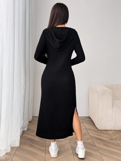 Damen Geripptes Kapuzenkleid Langarm Schwarz