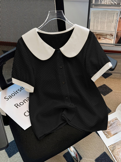 Dam Elegant blus med kontrastkrage och knappslå – Klassisk för kontor och vardag