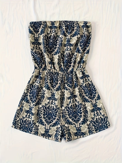 Damen Bandeau Jumpsuit mit elegantem Damastmuster – Stilvoller Einteiler für Sommer & Freizeit