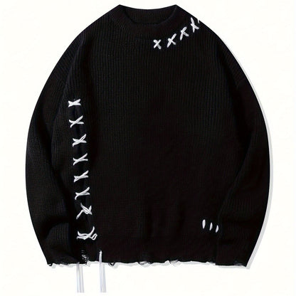 Unisex Strickpullover mit Kreuzstich-Detail und zerrissenem Saum