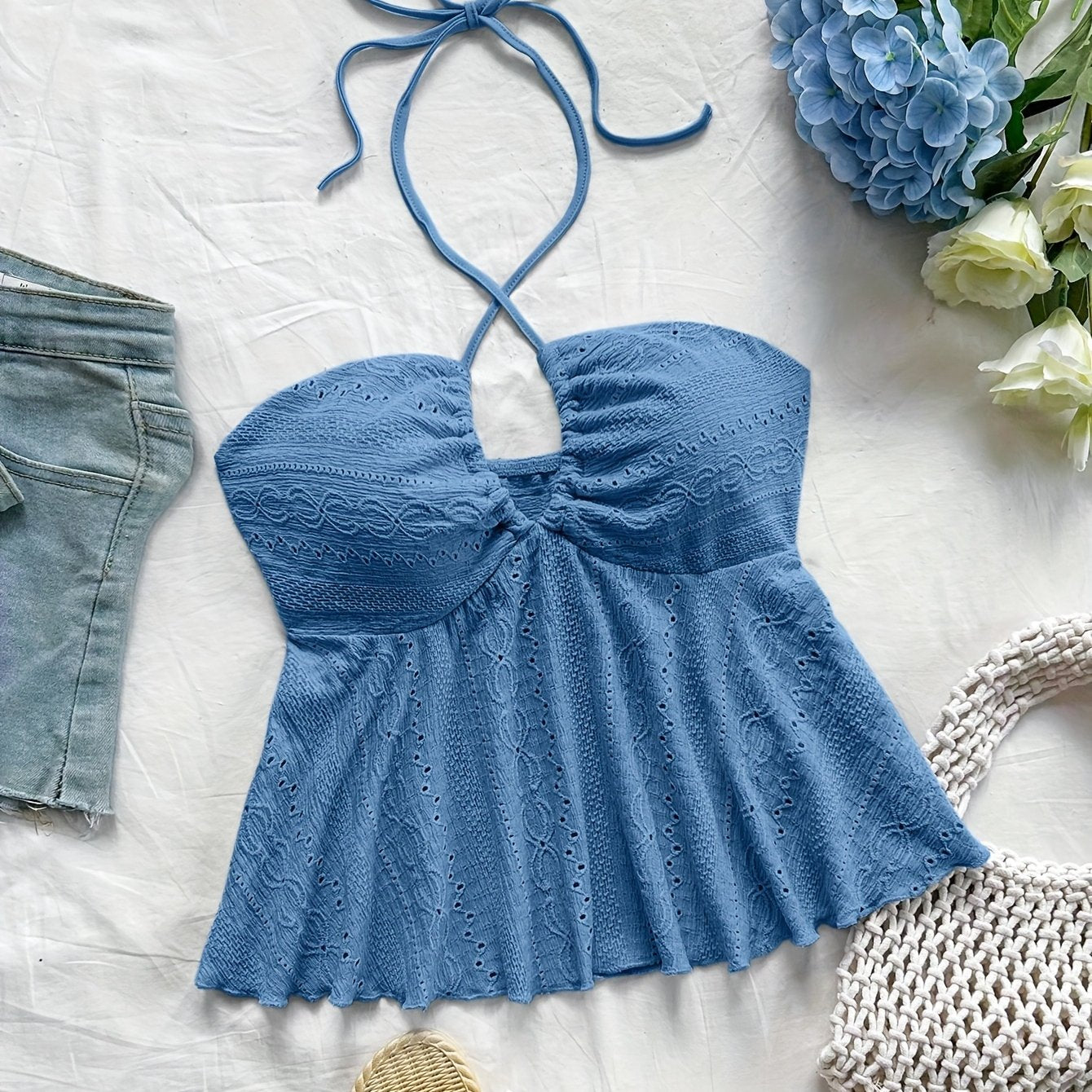 Top Babydoll de tirantes para mujer en estilo vintage – Top veraniego juguetón con bordado para tiempo libre y vacaciones