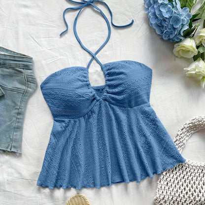 Top Babydoll de tirantes para mujer en estilo vintage – Top veraniego juguetón con bordado para tiempo libre y vacaciones