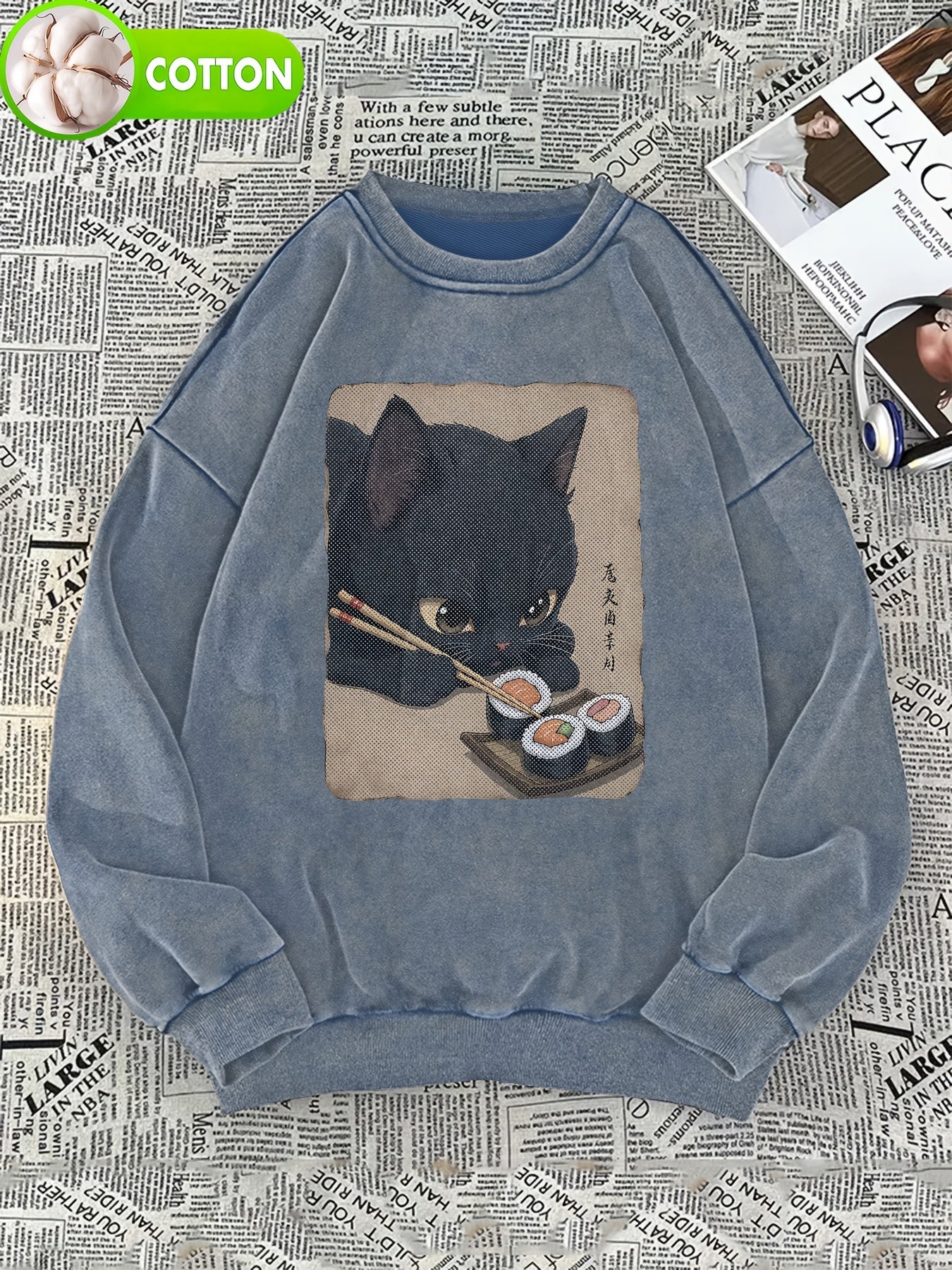 Felpa unisex con stampa di gatti e sushi, pullover girocollo dall’aspetto vintage