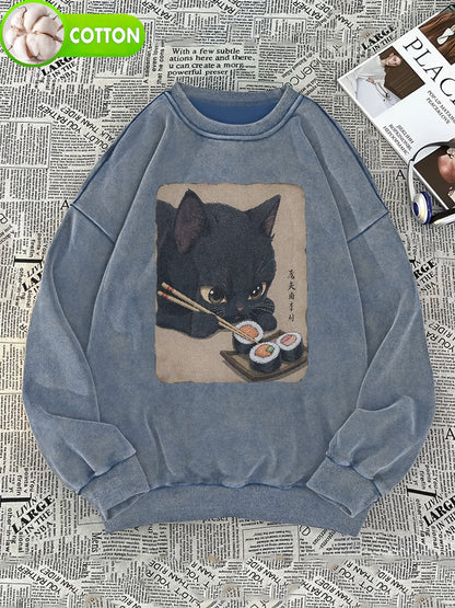 Felpa unisex con stampa di gatti e sushi, pullover girocollo dall’aspetto vintage