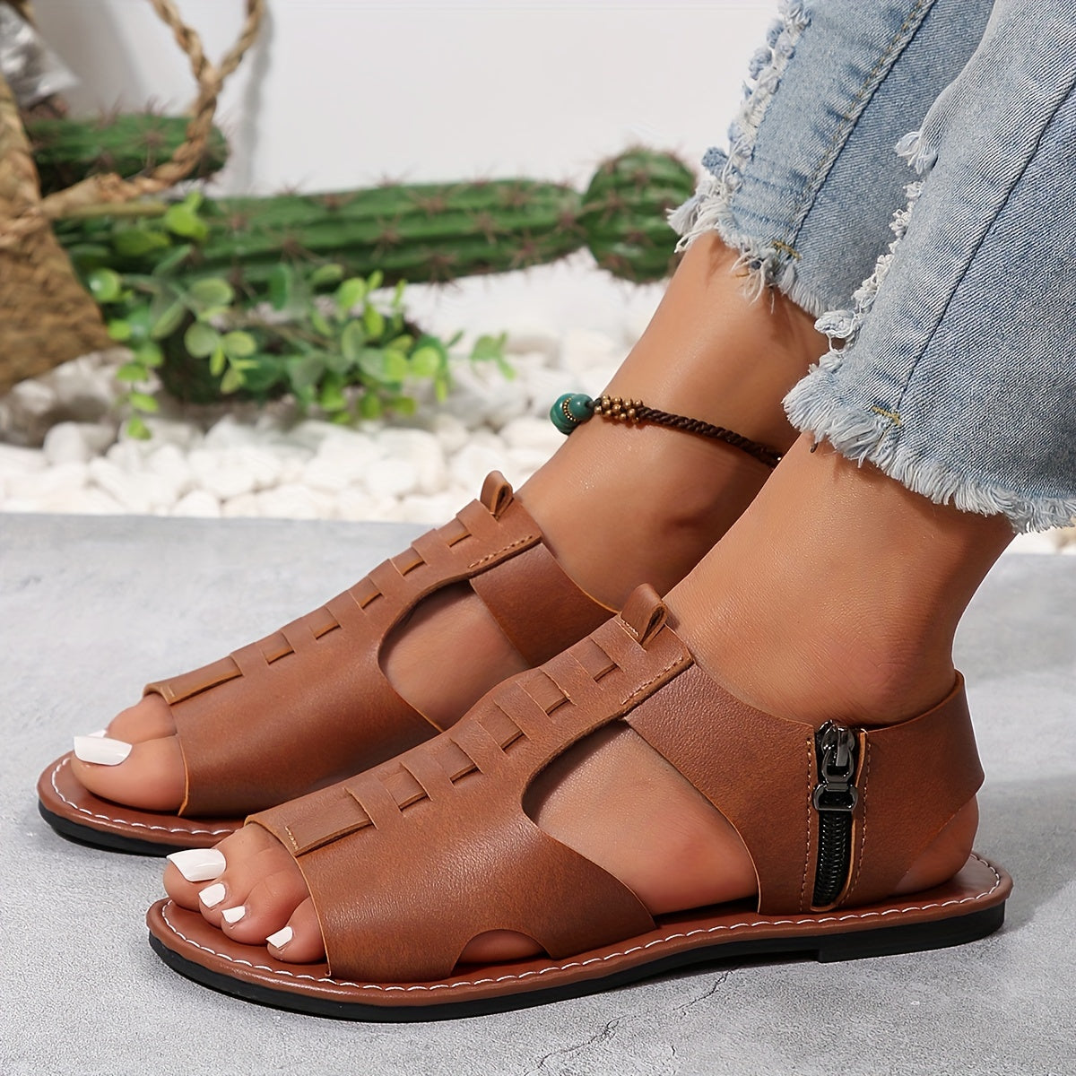 Damen Sommer Sandalen mit Reißverschluss – Bequeme Flats im Boho-Stil für Alltag und Freizeit