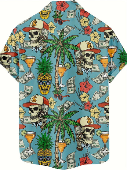 Herren Hawaiihemd mit Totenkopf, Palmen & Geld Print – Extravaganter Sommer- und Party-Look