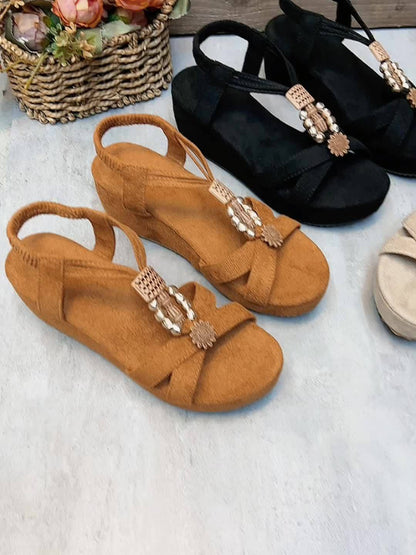Sandali con plateau da donna stile vintage con cinturino a T e decorazioni di perle – Scarpe estive comode per tutti i giorni e il tempo libero