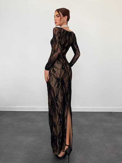 Robe de soirée élégante moulante pour femme avec dentelle et manches longues – Parfaite pour les occasions spéciales