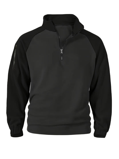 Pullover in pile da uomo, maniche raglan, chiusura a un quarto con zip, grigio scuro e marrone
