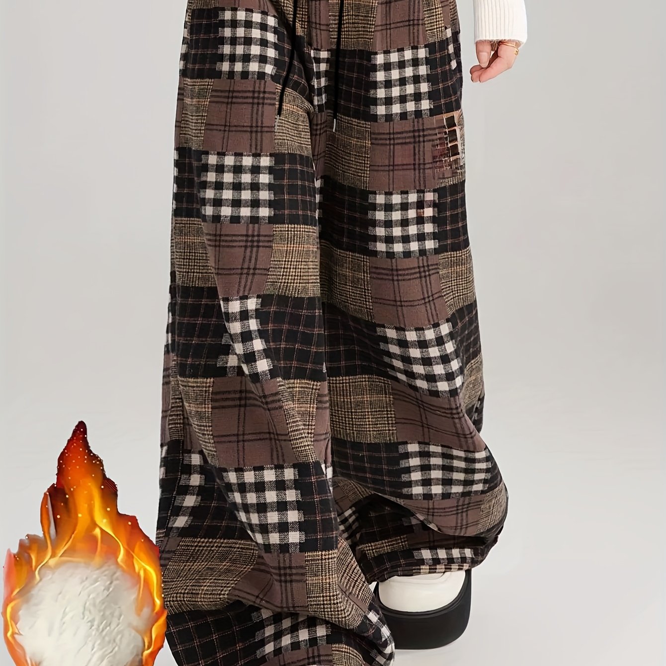 Pantalones de patchwork con estampado de cuadros, pierna ancha, marrón y negro
