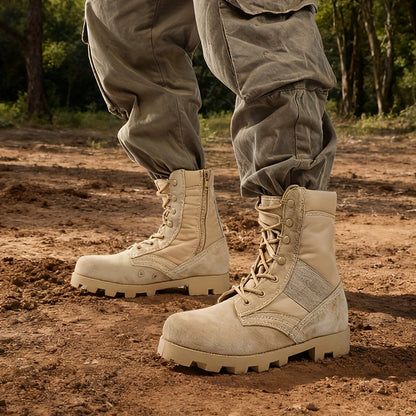 Stivali da uomo beige da esterno con lacci e cerniera