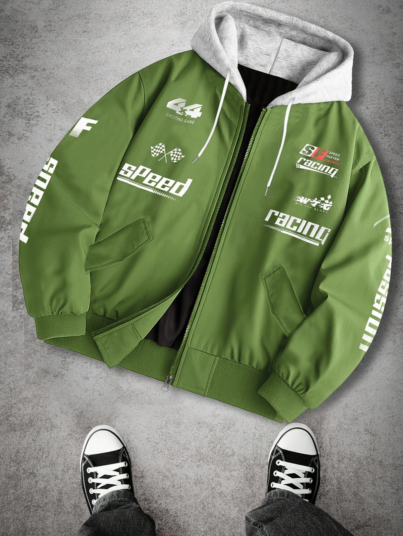 Herren Bomberjacke mit Kapuze Racing Aufdruck Sportlich Freizeit