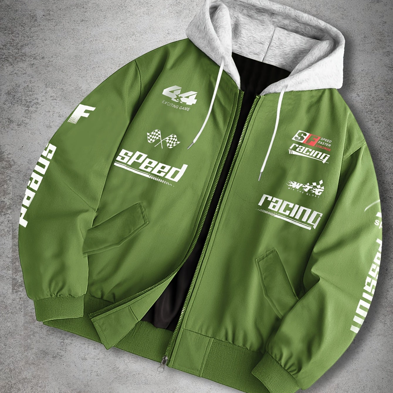 Herren Bomberjacke mit Kapuze Racing Aufdruck Sportlich Freizeit