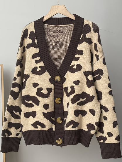 Damen Cardigan V-Ausschnitt Strickjacke Animal-Print Beige Braun
