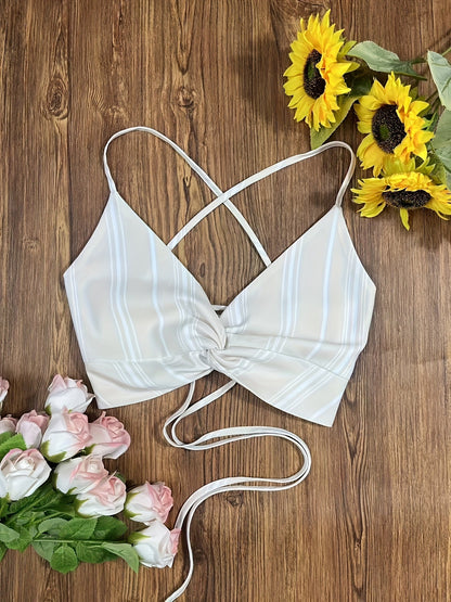 Completo donna due pezzi – Top corto a righe alla moda e gonna di jeans per estate e tempo libero