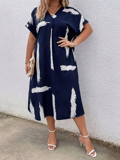 Damen Elegant Midi Tunika Kleid mit V-Ausschnitt und Modernem Print – Ideal für Alltag und besondere Anlässe