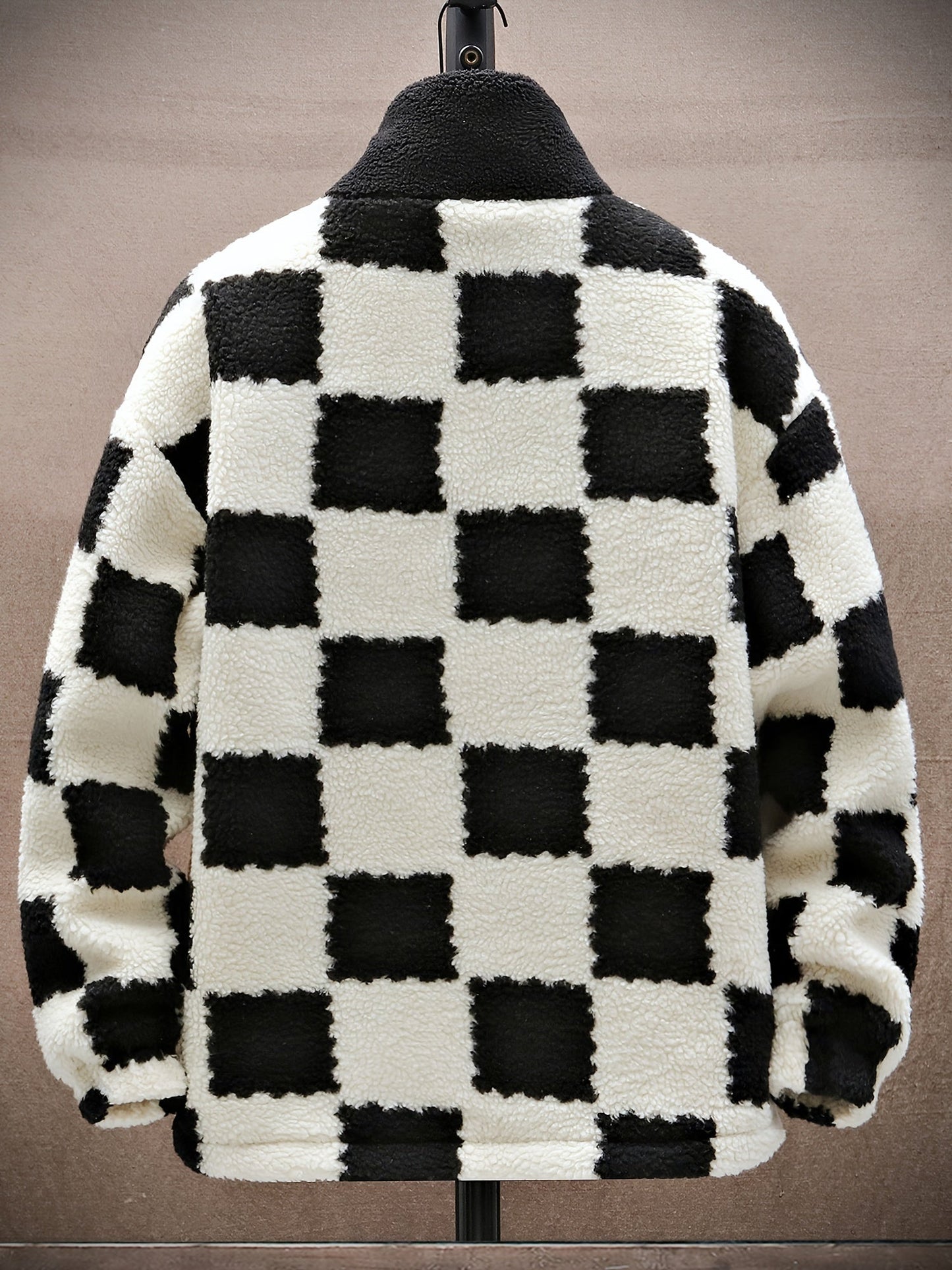 Chaqueta unisex de forro polar de peluche con cremallera y estampado de tablero de ajedrez azul y blanco