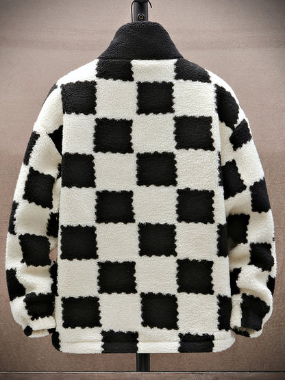 Chaqueta unisex de forro polar de peluche con cremallera y estampado de tablero de ajedrez azul y blanco