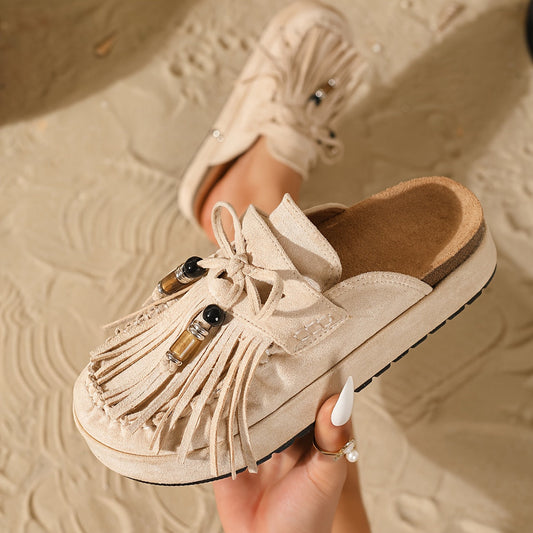 Dames mocassin-pantoffels met franjes en pareldetails – vintage slippers voor zomer en vrije tijd