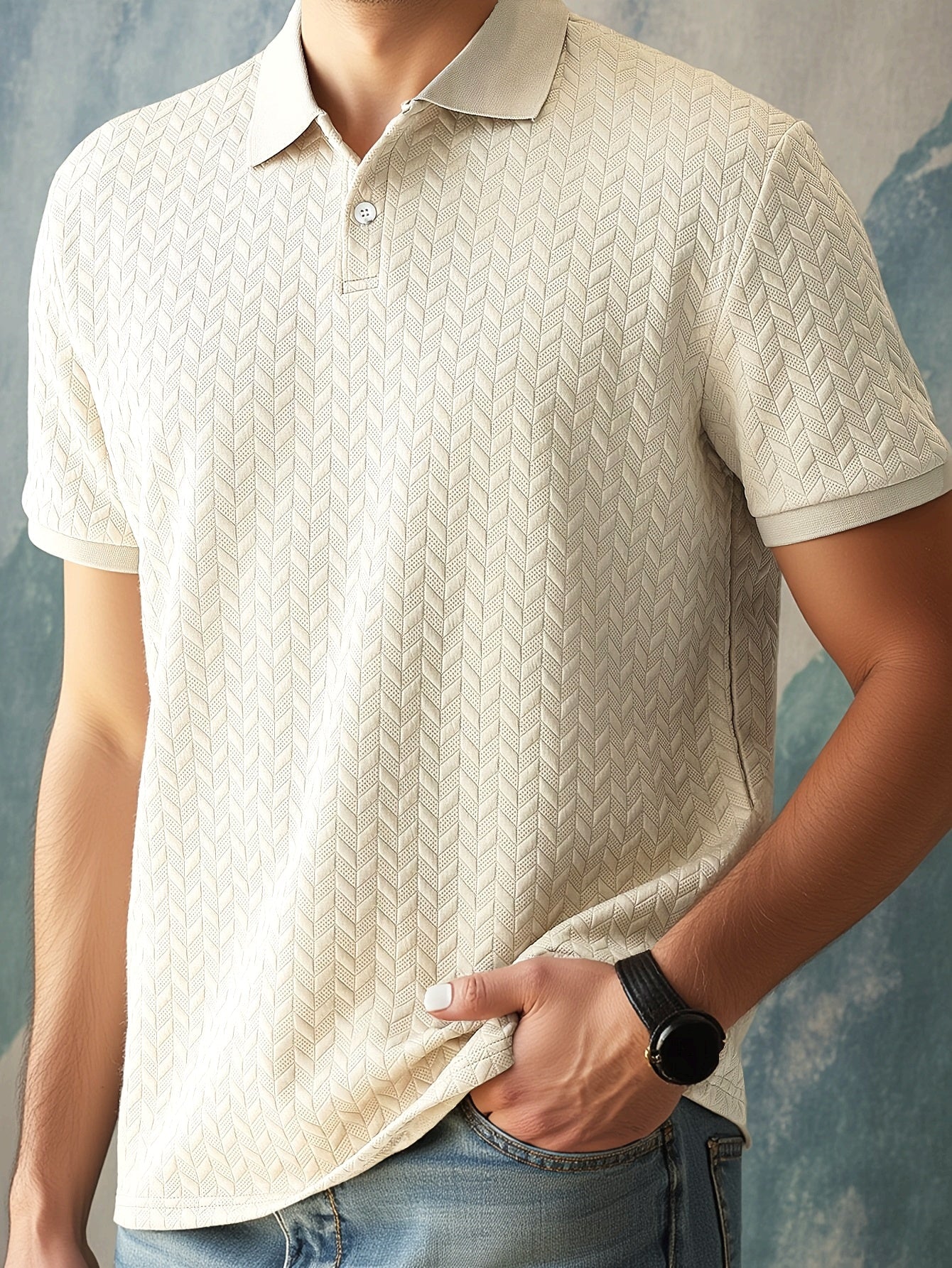 Herren Polo-Shirt mit modernem Zickzackmuster, legerer Sommerstil, Freizeitmode
