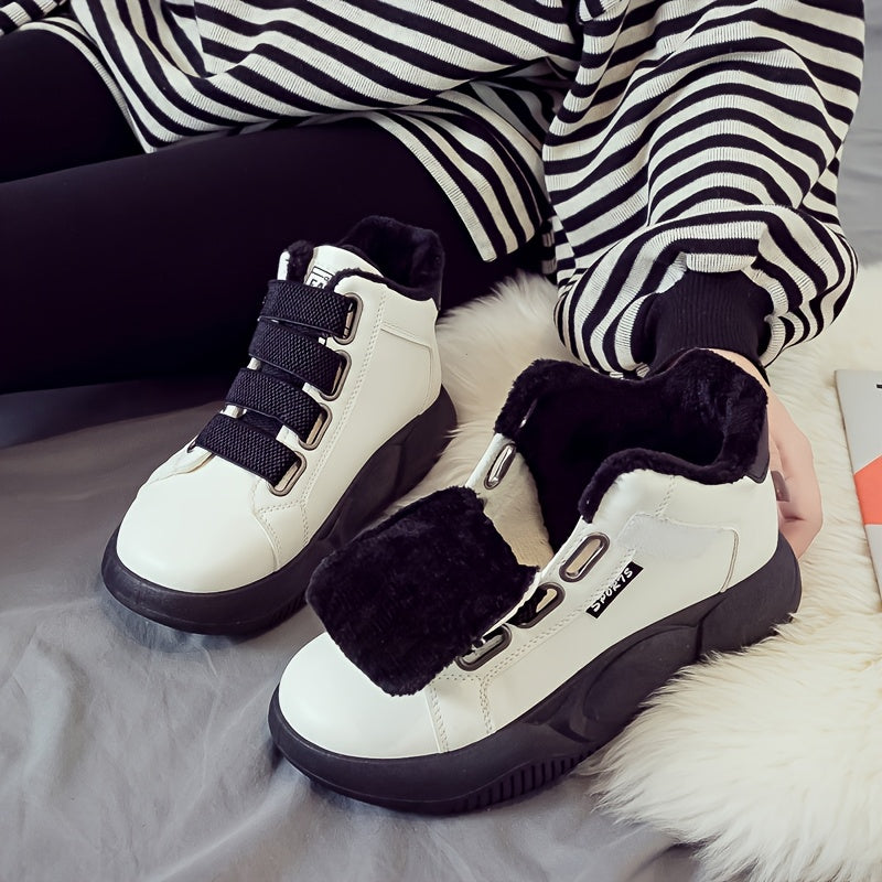 Dames wintersneakers, enkelhoog, warm gevoerd, plateauzool, klittenbandsluiting, zwart, wit, beige