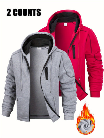 2er Pack Herren Kapuzenjacke Reißverschluss, gefüttert, Kontrastnähte