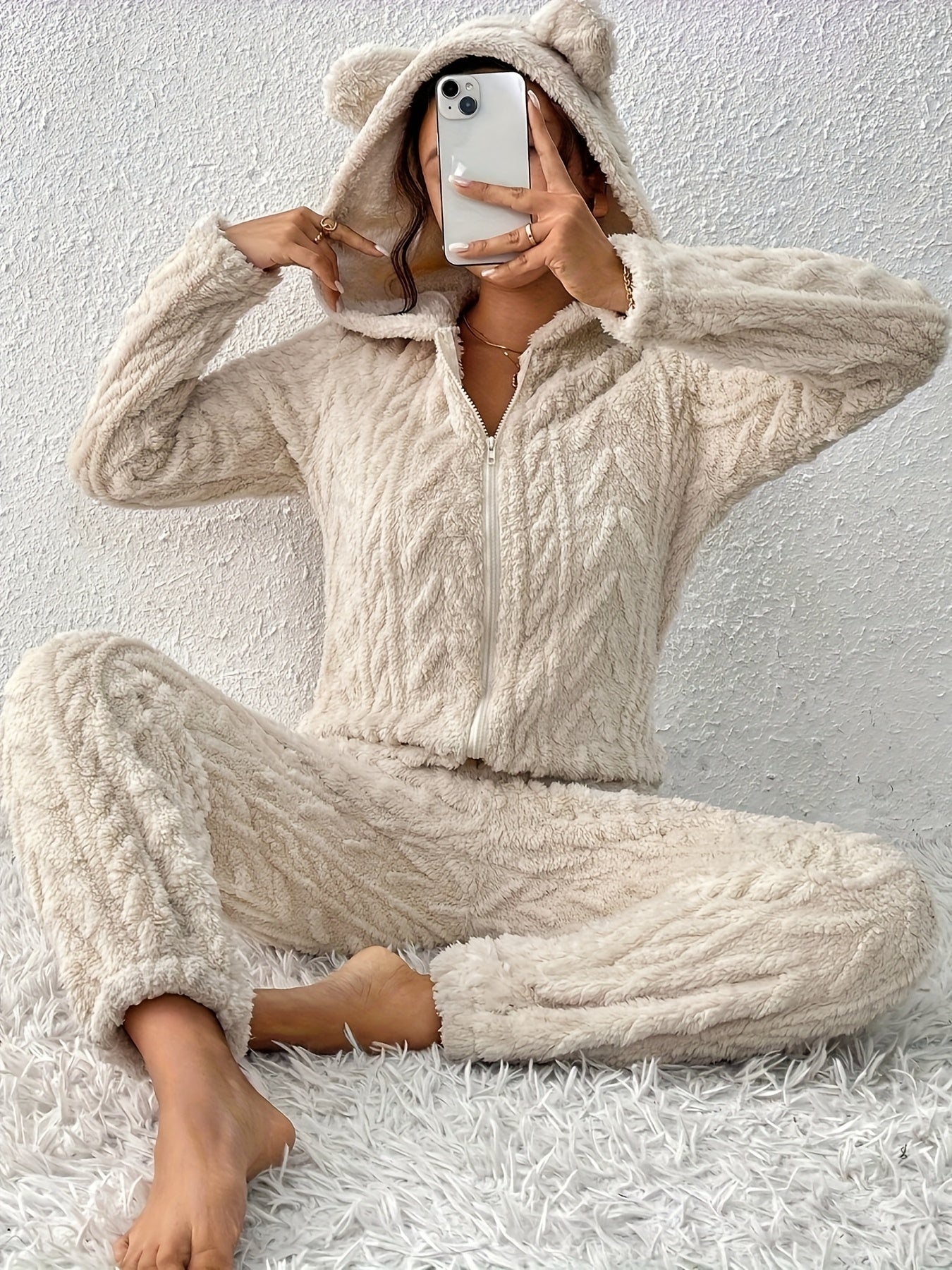 Damen Loungewear Overall Plüsch mit Kapuze und Reißverschluss